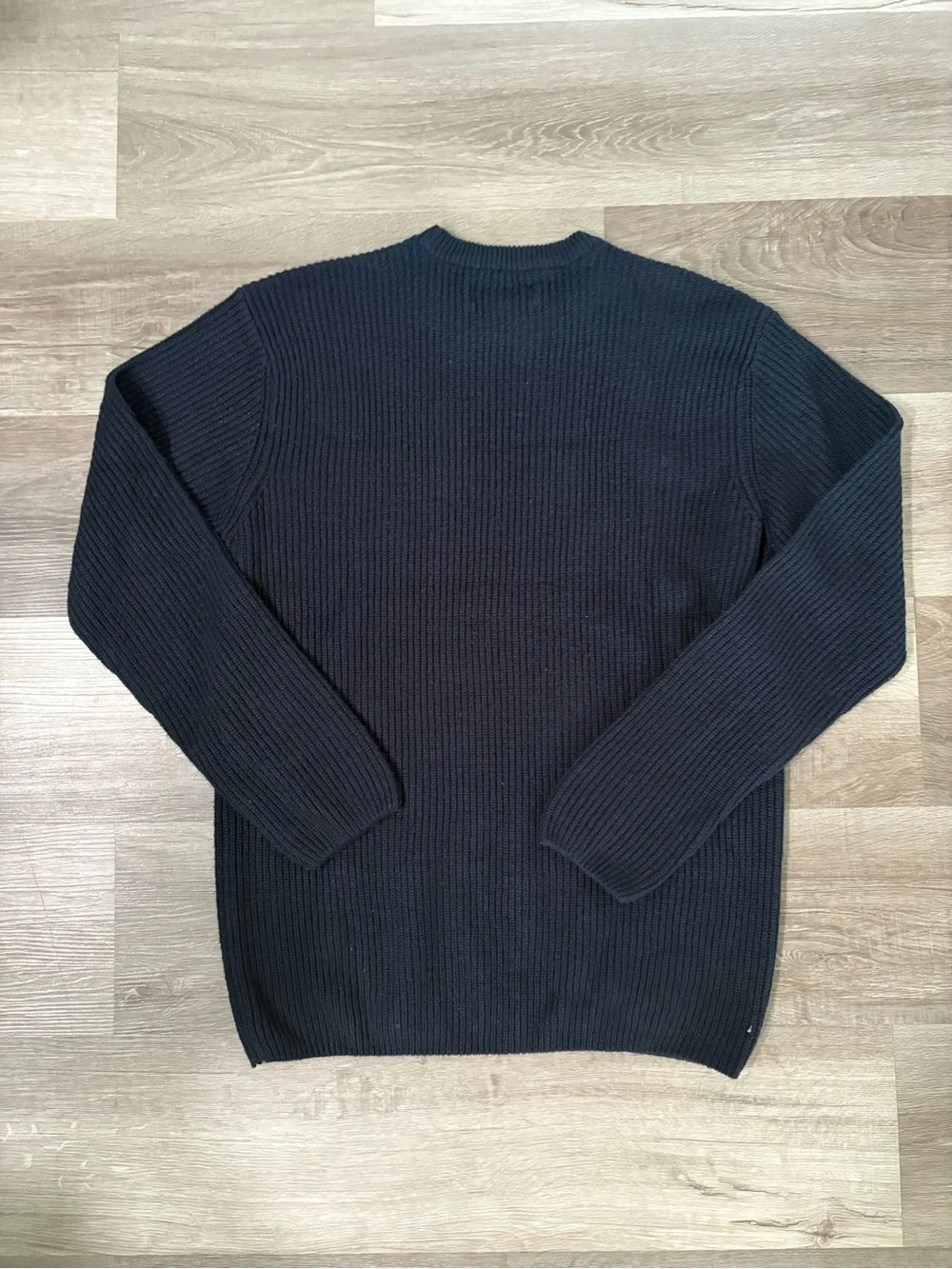 Aeropostale Men's Blue Ribbed Crewneck Sweater with Yellow & Gray Stripe